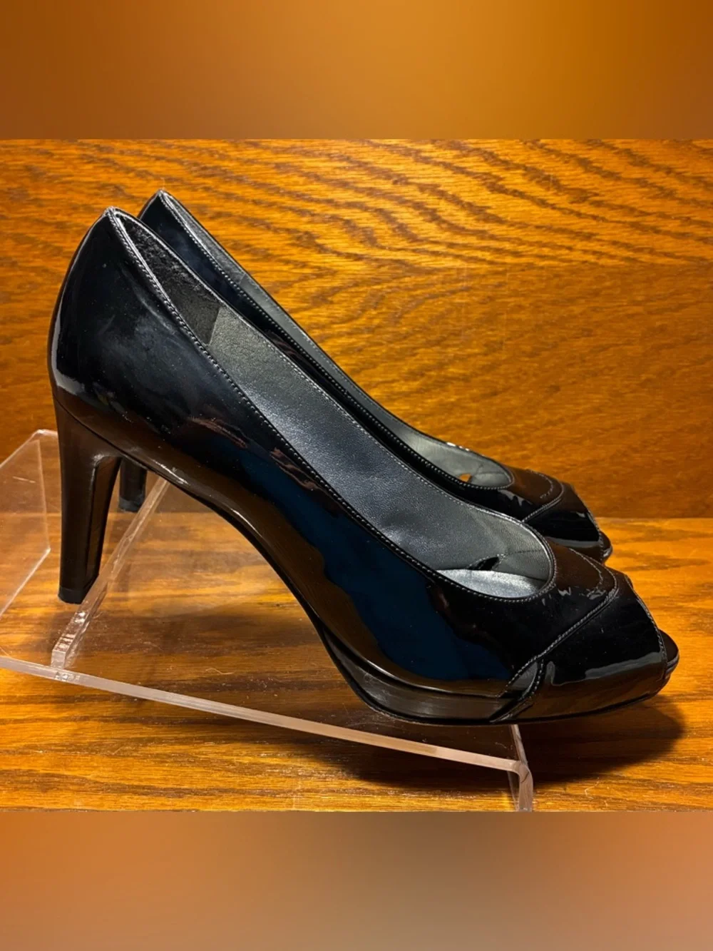 Stuart Weitzman Cut Out Peep Toe Platform Pumps Black Patent Leather Size 8.5